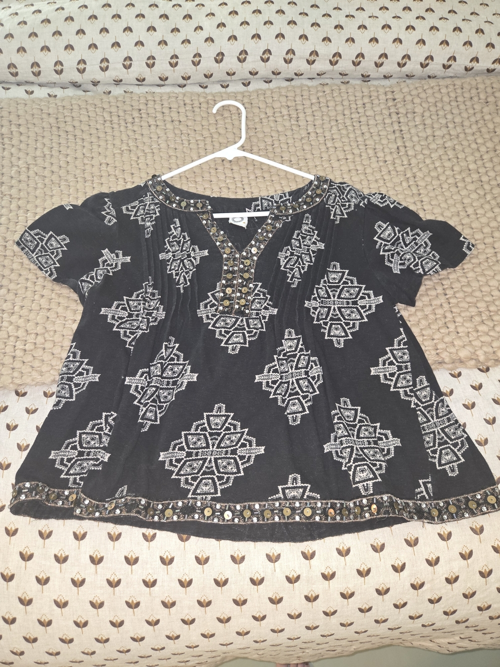 Black Embroidered Boho Short Sleeve Top